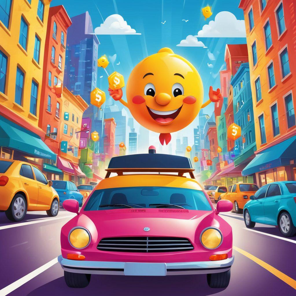 A cheerful driver with a big smile behind the wheel of a colorful car, surrounded by a backdrop of vibrant city streets. In one hand, they hold an insurance policy highlighted with sunshine and money symbols. Floating around are icons representing savings and happiness, like piggy banks and smiley faces. Everything is infused with bright colors and a sense of optimism. vector art. vibrant colors.