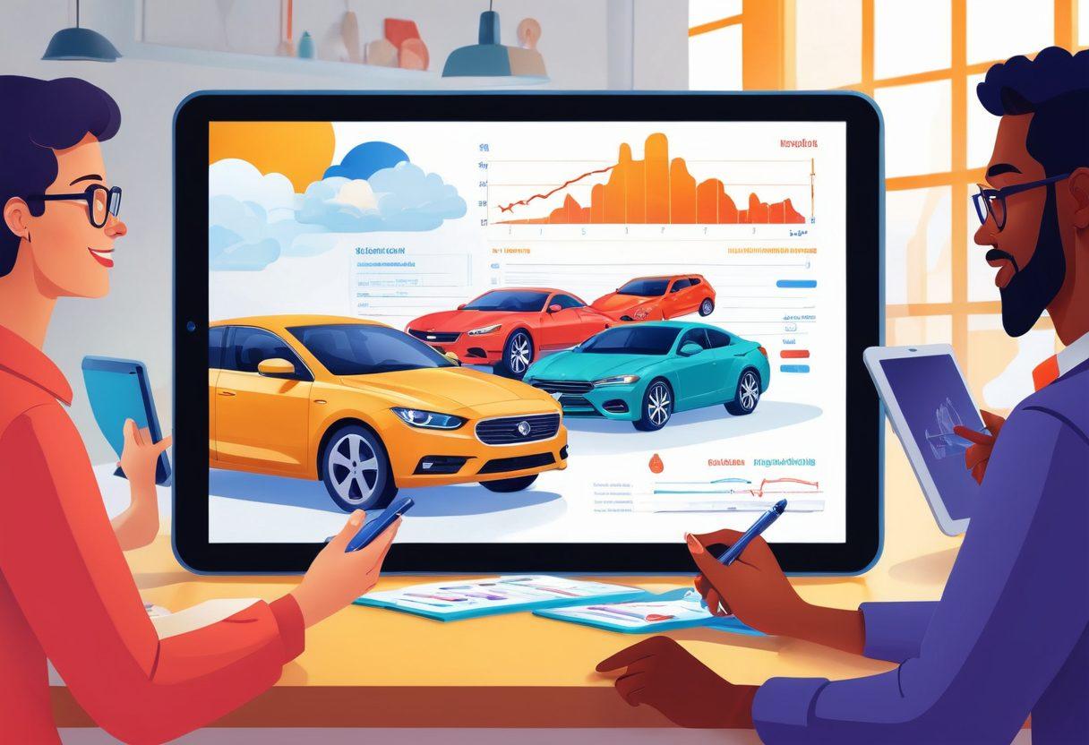 A diverse group of individuals discussing car insurance strategies around a digital tablet, showcasing charts and budgets. In the background, a variety of cars representing different price ranges and styles. Bright colors conveying optimism and knowledge. The scene should feel warm and inviting, with an emphasis on teamwork and smart financial decisions. vector art. vibrant colors. cheerful atmosphere.