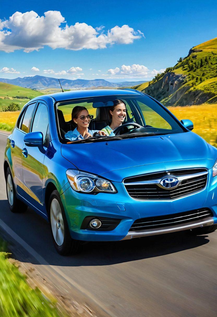 A cheerful family driving a shiny, colorful car through a scenic landscape, symbolizing freedom and joy. Include a close-up of a digital tablet displaying premium auto insurance options with affordable price tags. Incorporate bright sunlight and vibrant colors to evoke happiness, with rolling hills and a blue sky in the background. super-realistic. vibrant colors. sunny atmosphere.